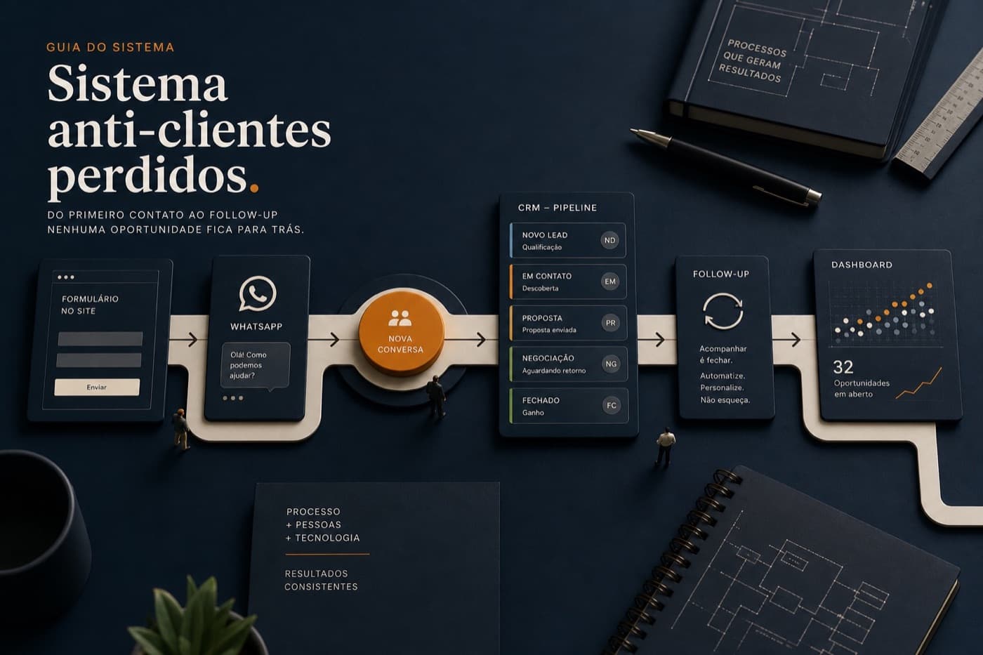 Fluxo visual de captação de leads: website, WhatsApp, CRM e follow-up numa PME