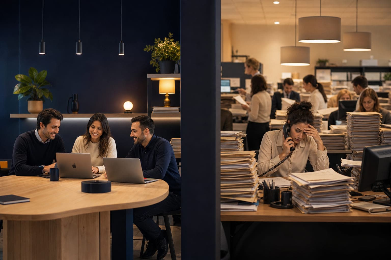 Equipa eficiente com automação digital versus secretaria sobrecarregada com papelada