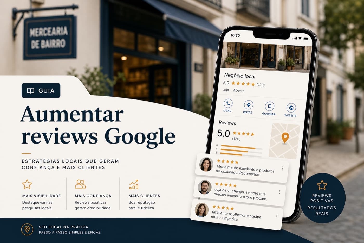 Telemóvel com perfil Google Business e avaliações cinco estrelas de negócio local português
