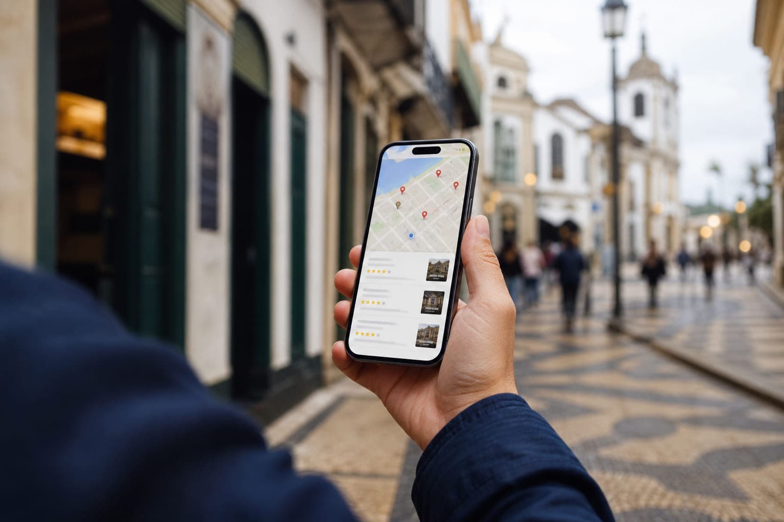 Pesquisa local no Google Maps num telemóvel, contexto de negócio local português