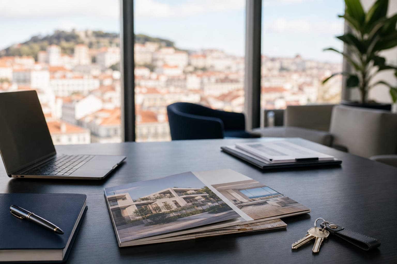 Escritório de imobiliária com material de propriedades