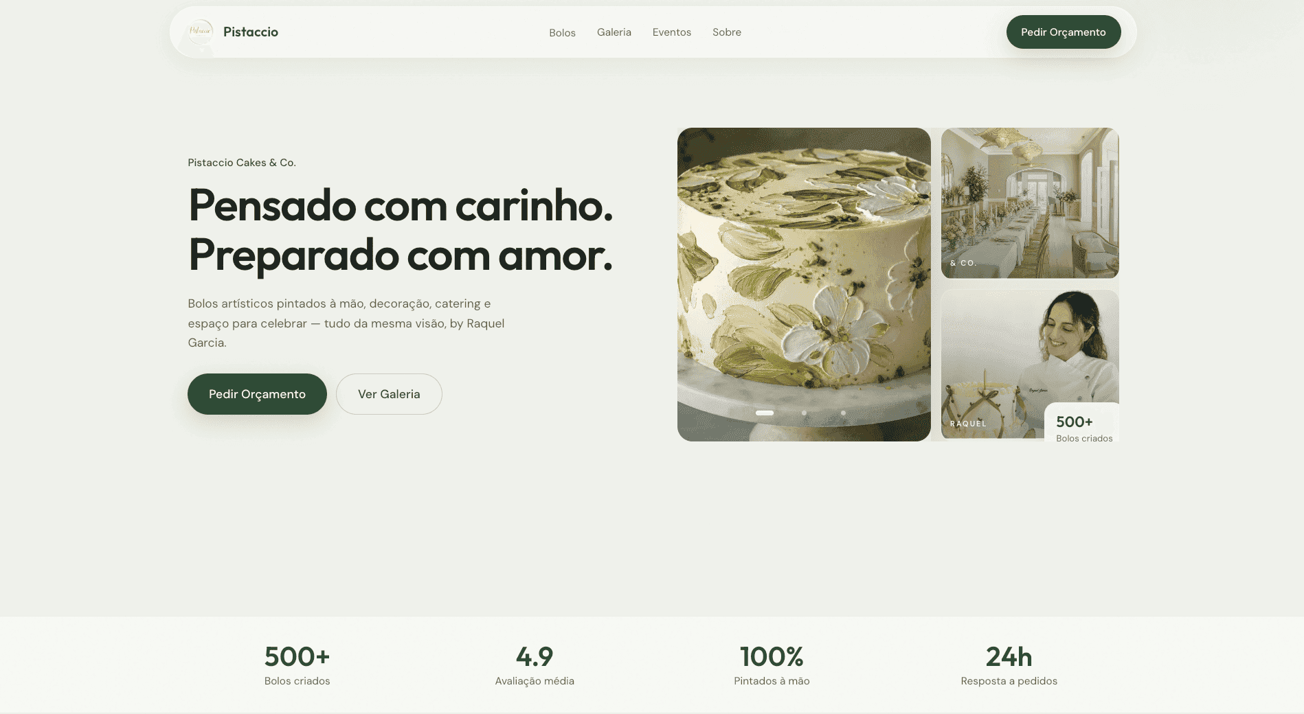 Homepage do website da Pistaccio Cakes & Co. — estúdio de cake design no Seixal com galeria e pedido de orçamento