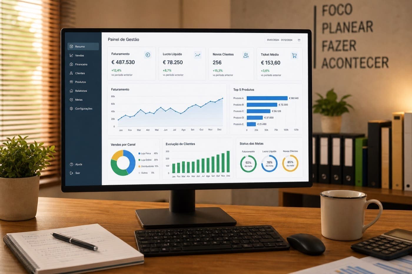 Dashboard de pedidos e origem de clientes num monitor de escritório